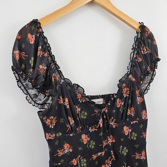 Vintage Y2K Urban Outfitters Babydoll Mini Dress M Dark Floral Ruffle Milkmaid - Picture 12 of 13